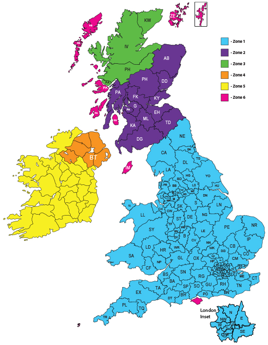 British Isles map with delivery areas